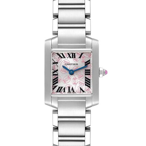 The image shows a frontal view of the Cartier Tank Francaise W51031Q3 Women's Stainless Steel Silver Dial W51031Q3 Women's Stainless Steel Silver Dial watch, displaying its rectangular face, Roman numerals, and metal bracelet.