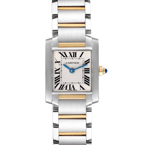 This image shows a front view of the Cartier Tank Francaise W51007Q4 Women's Steel and Gold (two tone) Silver Dial W51007Q4 Women's Steel and Gold (two tone) Silver Dial watch, highlighting its face, bezel, crown, and two-tone bracelet.