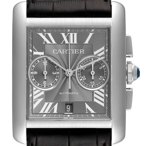 This image shows a front view of the Cartier Tank MC W5330008 Men's Stainless Steel Grey Dial W5330008 Men's Stainless Steel Grey Dial watch, highlighting the face, chronograph dials, and date display.