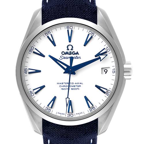 The Omega Aqua Terra 231.92.39.21.04.001 Men's Titanium White Dial 231.92.39.21.04.001 Men's Titanium White Dial watch is shown from a front angle, displaying its face, bezel, and strap.
