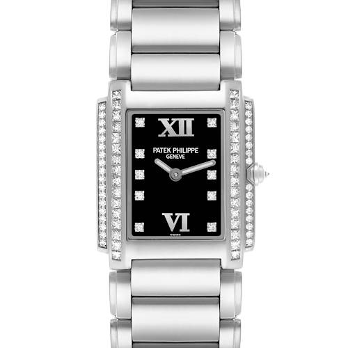 The Patek Philippe Twenty-4 4910/20G-011 Women's White Gold Black Dial 4910/20G-011 Women's White Gold Black Dial watch is shown from the front, displaying its rectangular dial, diamond-set bezel, and metal bracelet.