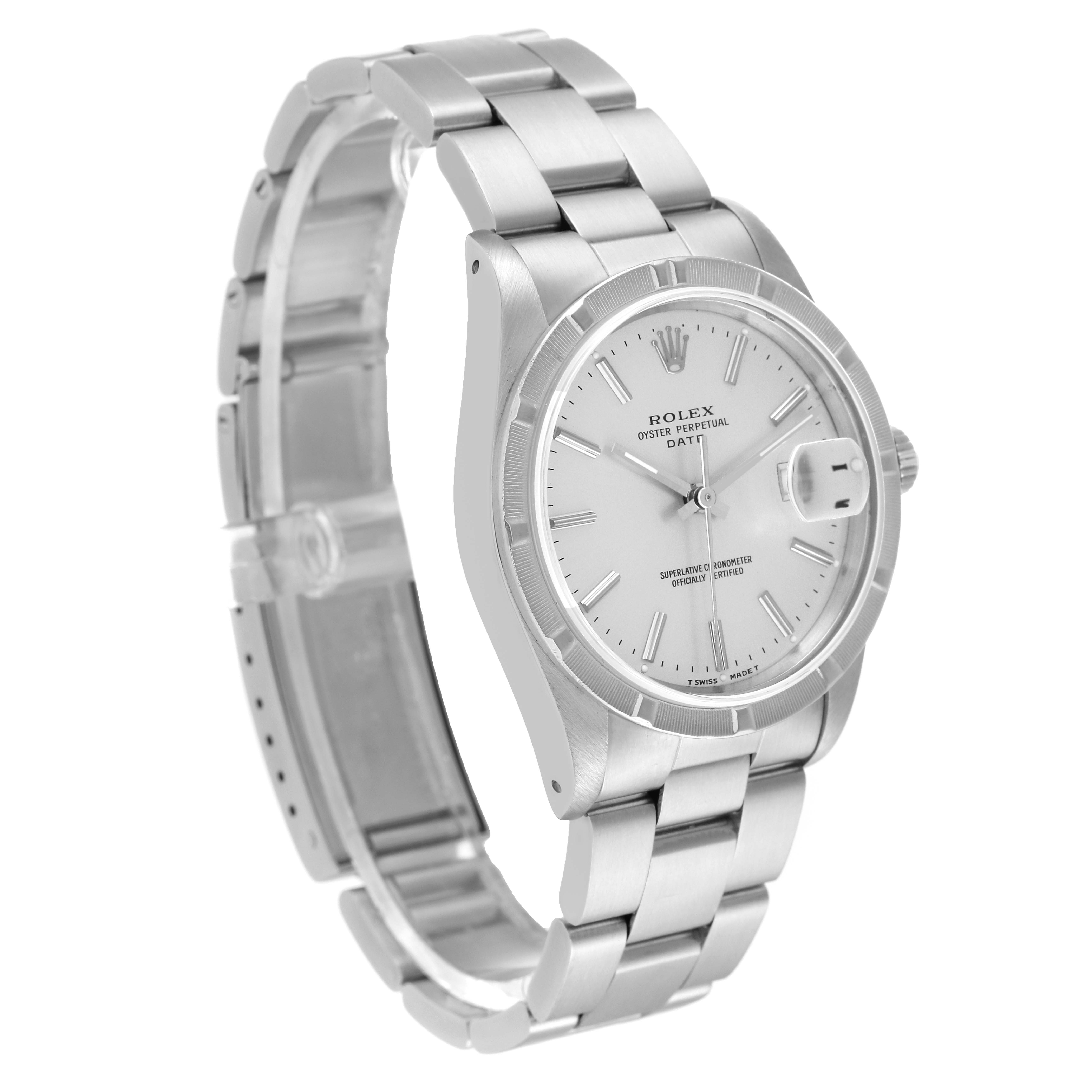 The image shows a side-angle view of a Rolex Date 15210 Men's Stainless Steel Silver Dial 15210 Men's Stainless Steel Silver Dial model watch, highlighting its face, bracelet, and clasp.