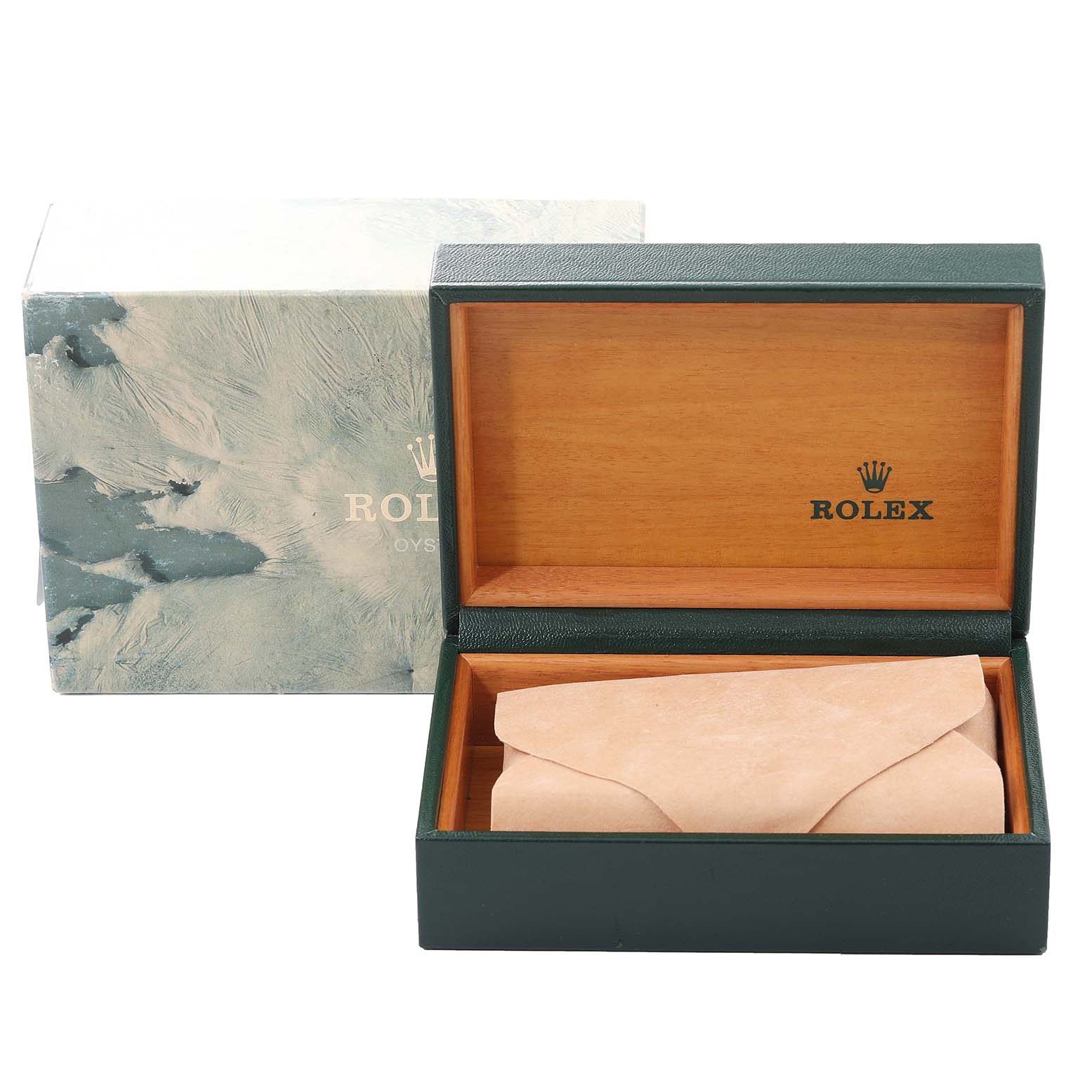 The image shows a Rolex Date 15210 Men's Stainless Steel Silver Dial 15210 Men's Stainless Steel Silver Dial watch box, both the outer decorative packaging and the inner wooden compartment with the watch cushion.