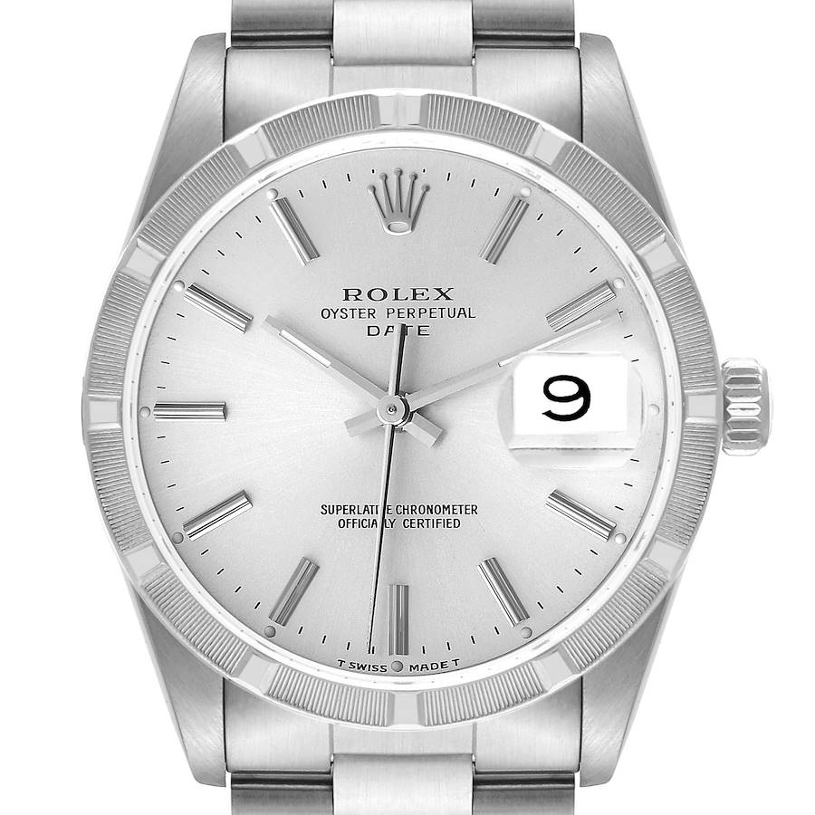 The image shows a front view of the Rolex Oyster Perpetual Date watch, displaying the dial, hands, date window, and part of the bracelet.