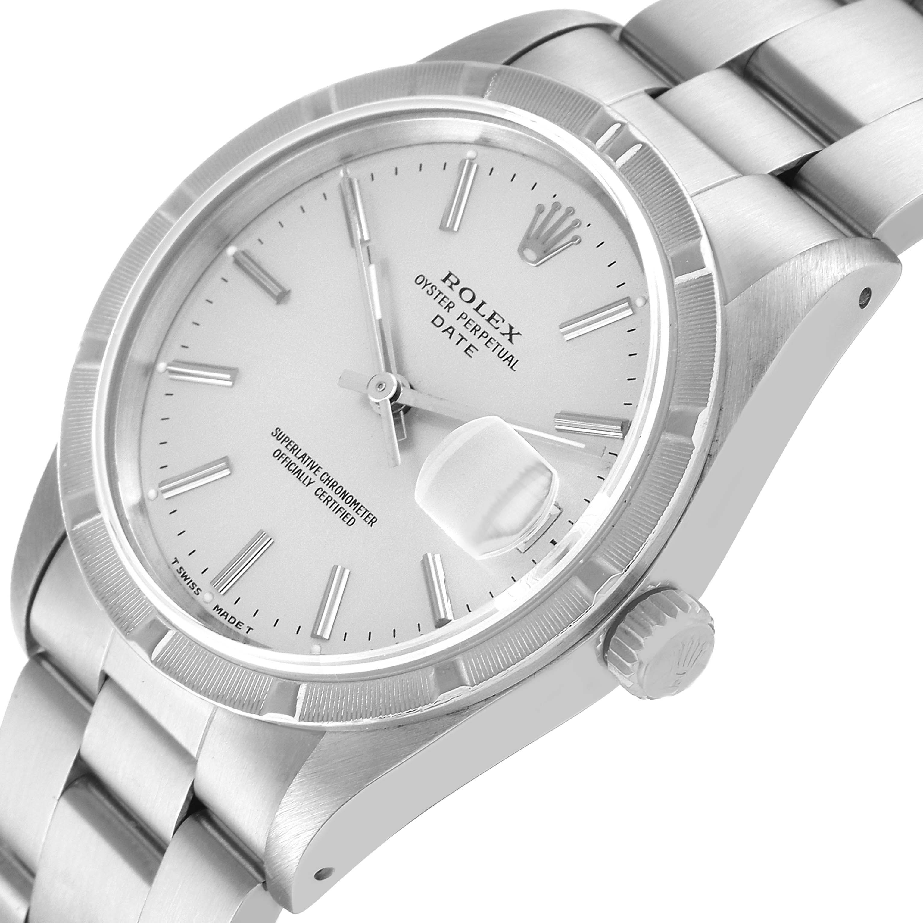 The image shows a side angle of the Rolex Oyster Perpetual Date model, highlighting the watch face, bracelet, and crown.