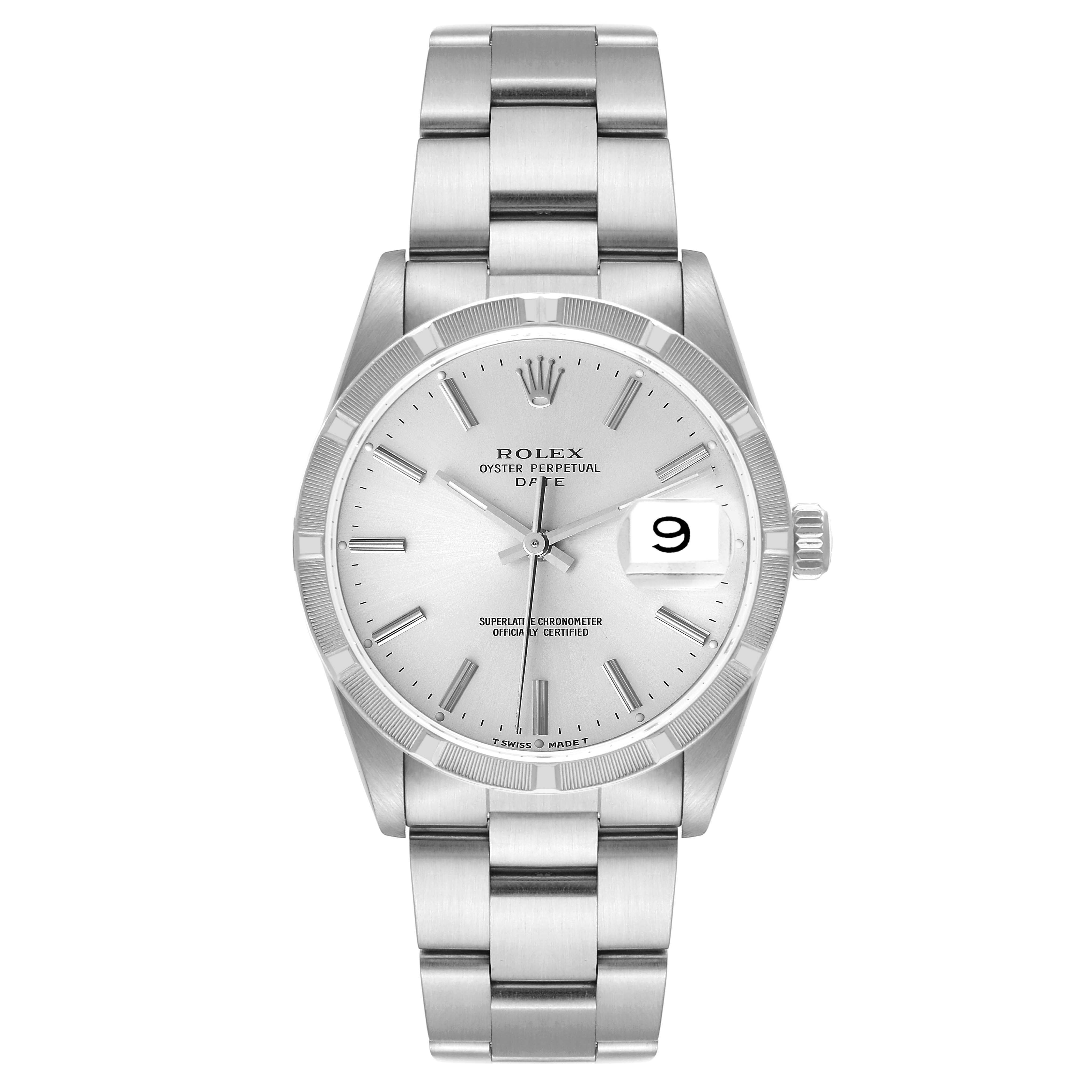 The image shows a front view of the Rolex Date 15210 Men's Stainless Steel Silver Dial 15210 Men's Stainless Steel Silver Dial model, featuring its dial, bezel, crown, and stainless steel bracelet.
