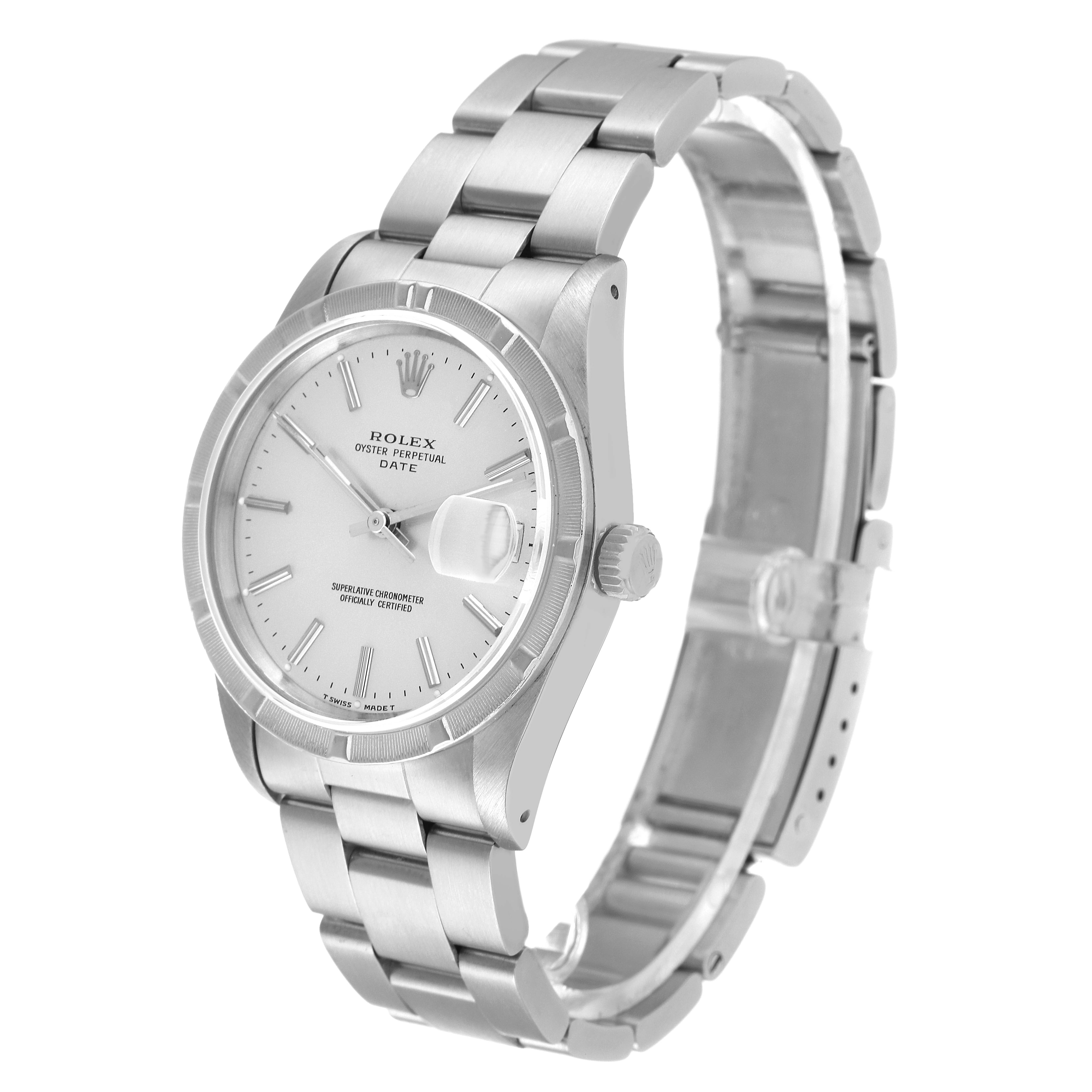 This image shows a side angle of the Rolex Date 15210 Men's Stainless Steel Silver Dial 15210 Men's Stainless Steel Silver Dial model watch, highlighting its dial, bracelet, and crown.