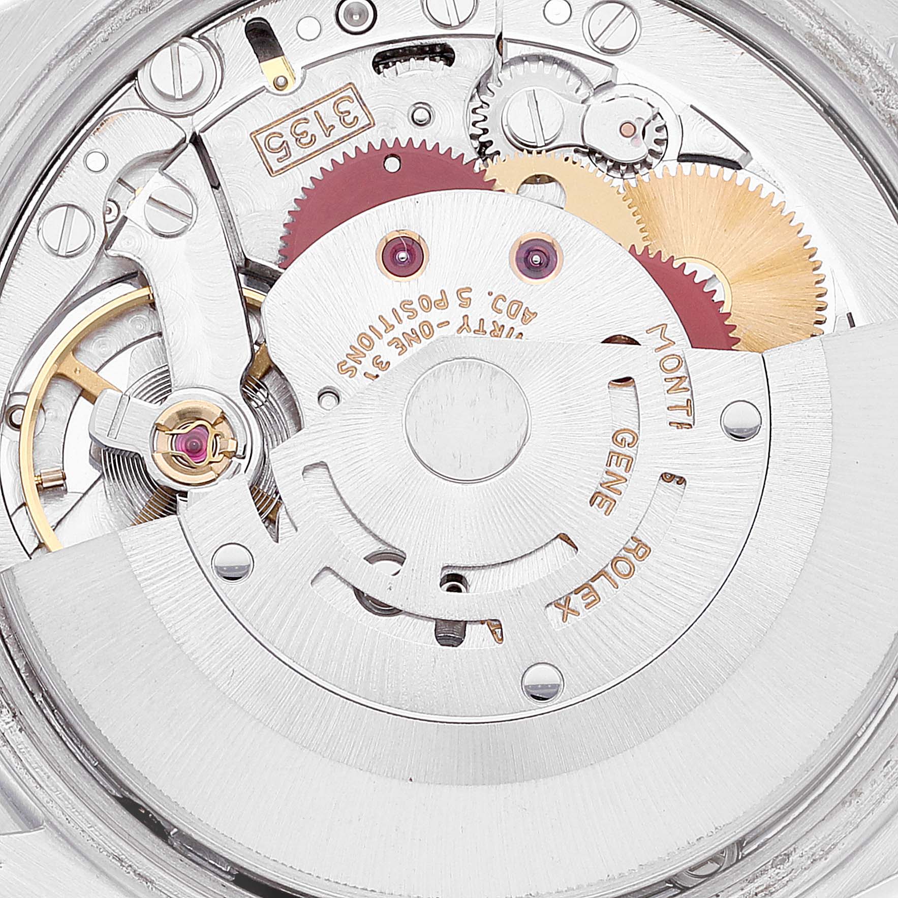 This is a close-up view of the movement mechanism of a Rolex Date 15210 Men's Stainless Steel Silver Dial 15210 Men's Stainless Steel Silver Dial model watch, showcasing gears and intricate components.