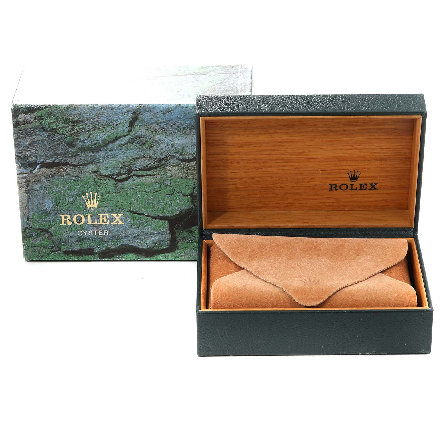 This image shows the empty box and suede protective pouch for a Date model Rolex watch.