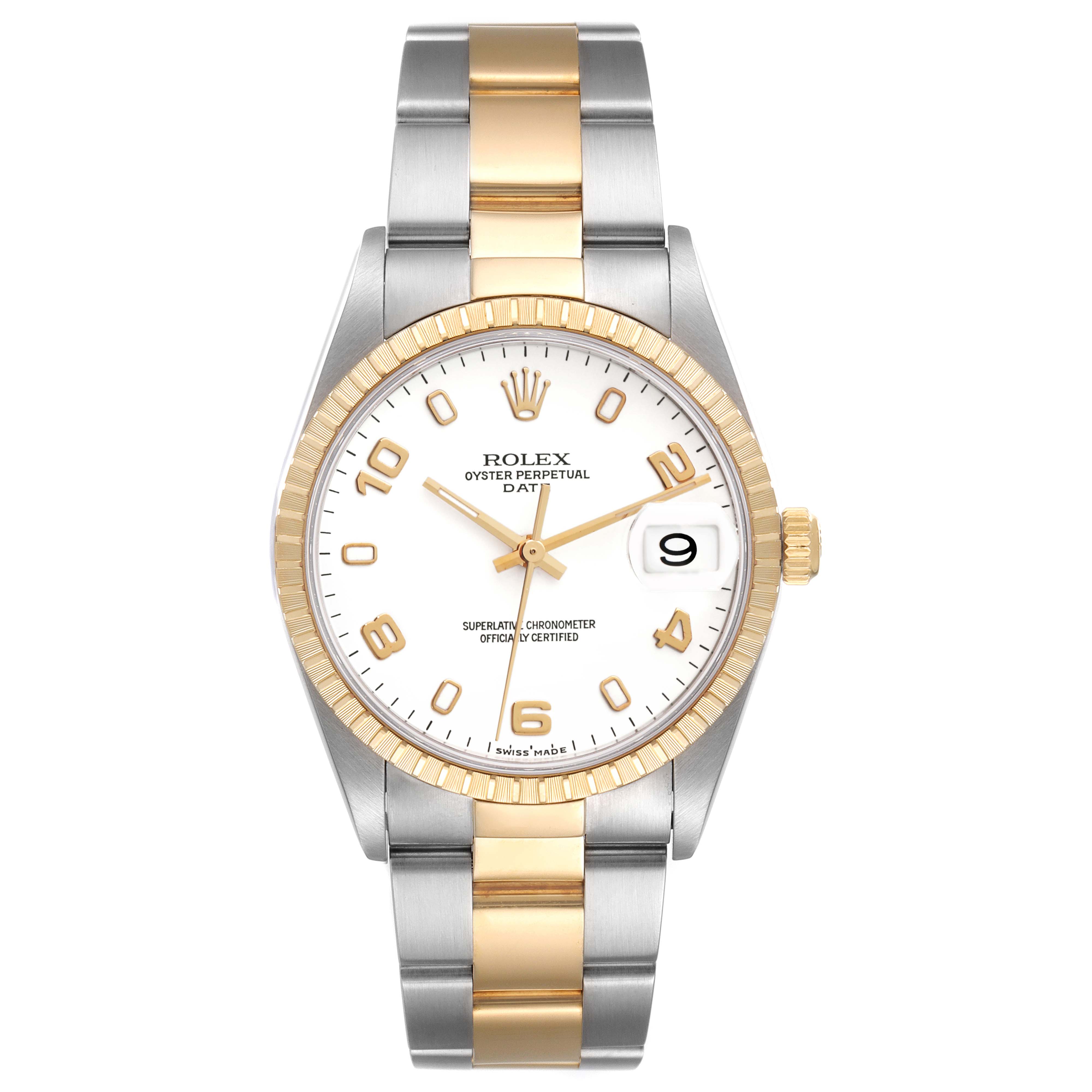 The Rolex Date 15223 Men's Steel and Gold (two tone) White Dial 15223 Men's Steel and Gold (two tone) White Dial model is shown in a frontal view, displaying its white dial, gold hour markers, and two-tone bracelet.