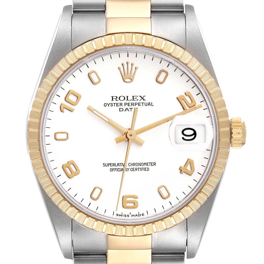 This image shows a front view of a Rolex Oyster Perpetual Date watch, highlighting the dial, bezel, crown, and part of the bracelet.