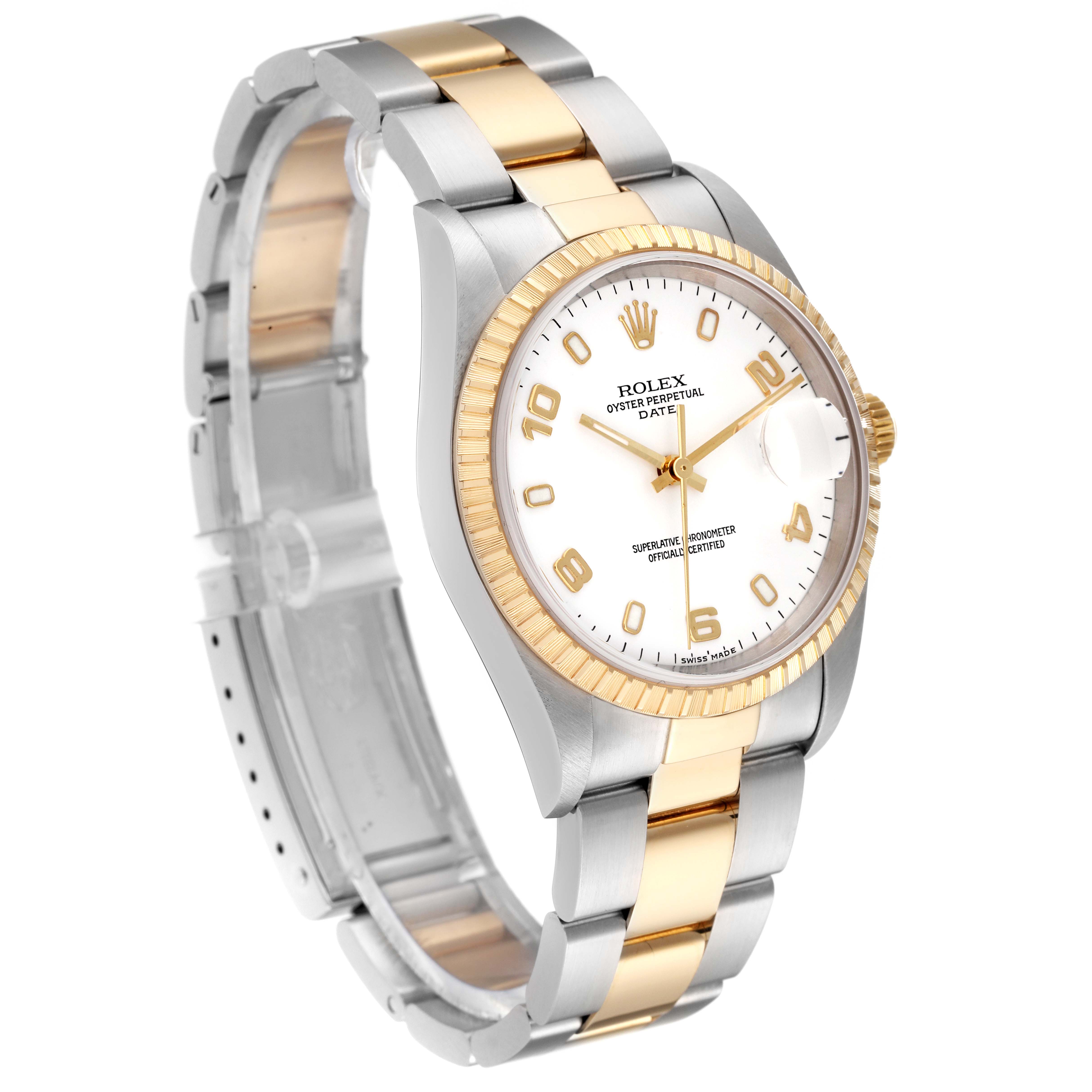 This image shows a Rolex Date 15223 Men's Steel and Gold (two tone) White Dial 15223 Men's Steel and Gold (two tone) White Dial model watch at a slight angle, highlighting the dial, bezel, and two-tone bracelet.