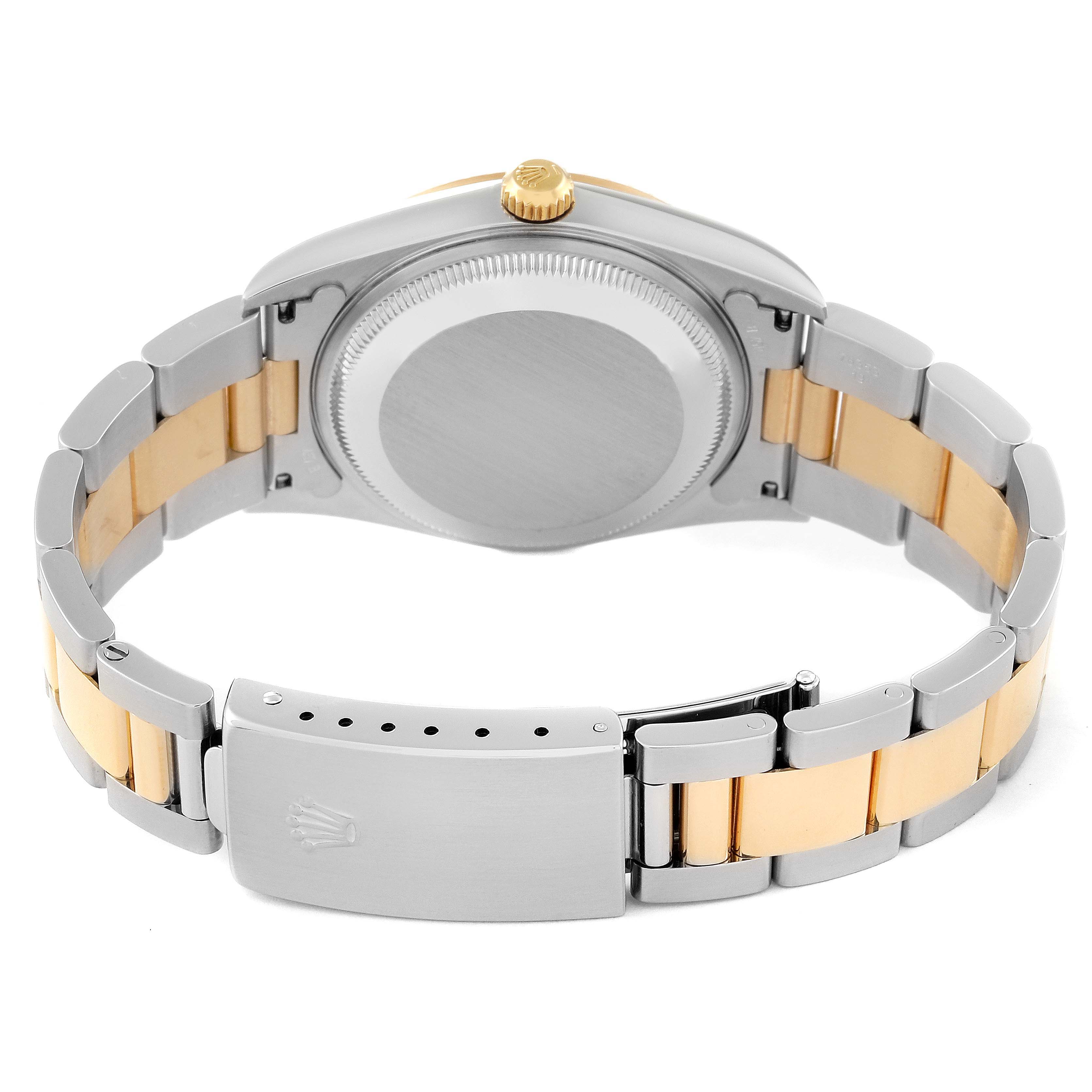 The image shows the back view of a Rolex Date 15223 Men's Steel and Gold (two tone) White Dial 15223 Men's Steel and Gold (two tone) White Dial model, featuring the case back, bracelet, and deployment clasp.