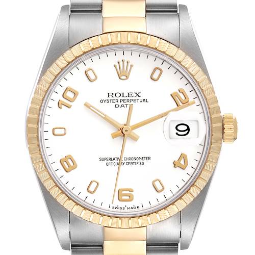 The Rolex Date 15223 Men's Steel and Gold (two tone) White Dial 15223 Men's Steel and Gold (two tone) White Dial model watch is shown from a front angle, highlighting the dial, bezel, crown, and bracelet.