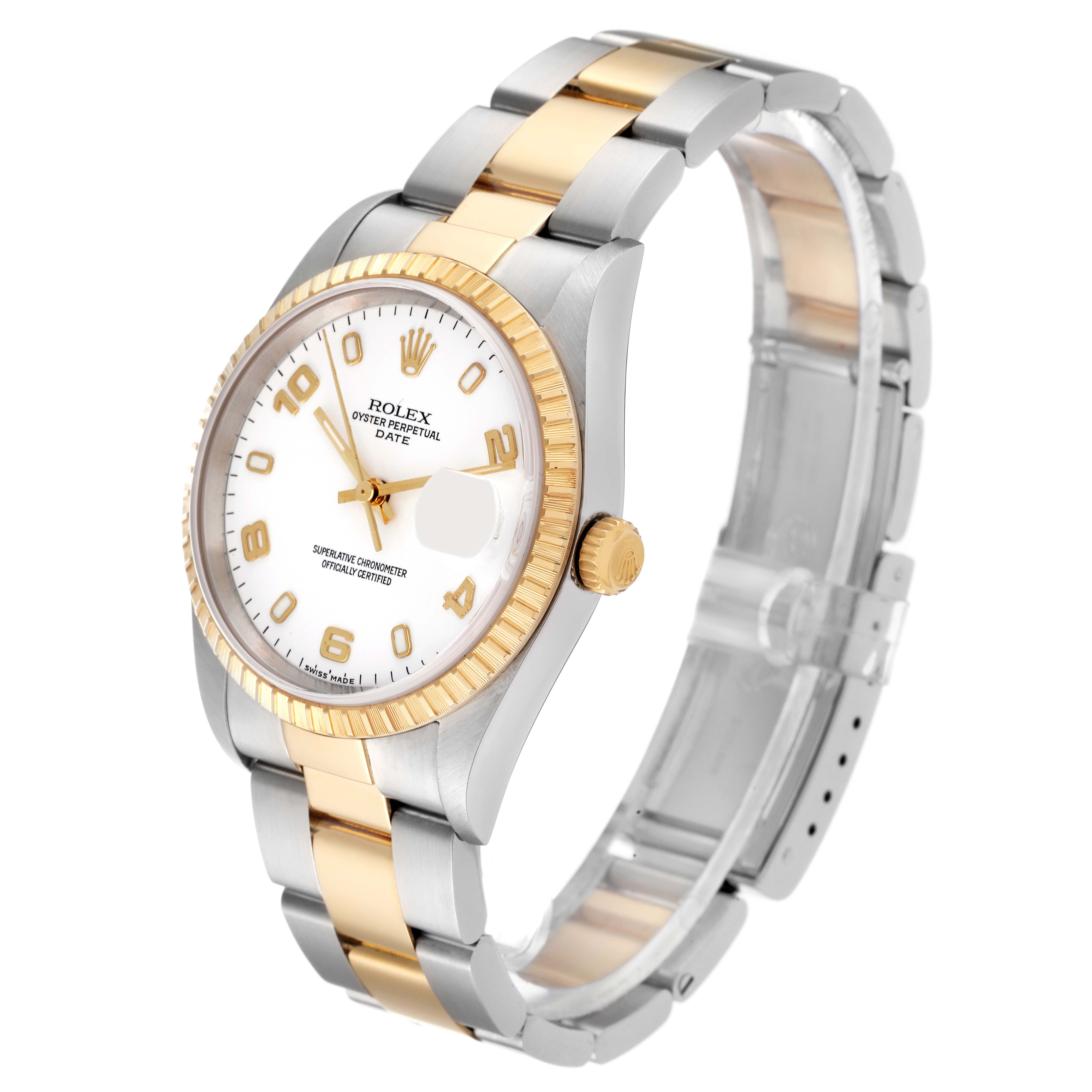 The image shows a Rolex Date 15223 Men's Steel and Gold (two tone) White Dial 15223 Men's Steel and Gold (two tone) White Dial model watch angled to display the face, bezel, crown, and bracelet.