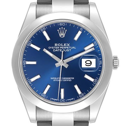 The Rolex Datejust 41 126300 Men's Stainless Steel Blue Dial 126300 Men's Stainless Steel Blue Dial is shown from the front, highlighting the face, dial, bezel, and part of the bracelet.