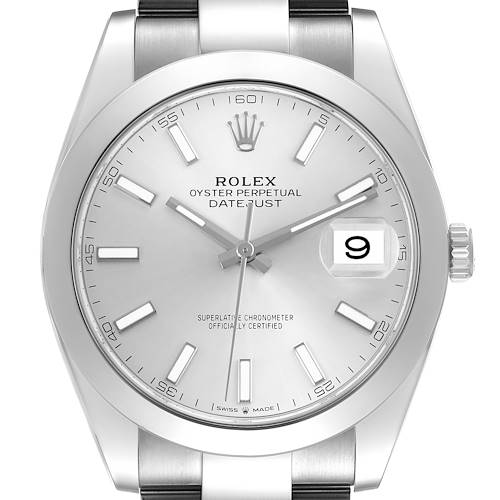 The Rolex Datejust 41 126300 Men's Stainless Steel Silver Dial 126300 Men's Stainless Steel Silver Dial is shown from the front, displaying the dial, hands, bezel, and part of the bracelet.