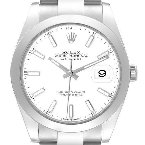 The Rolex Datejust 41 126300 Men's Stainless Steel White Dial 126300 Men's Stainless Steel White Dial watch is shown from the front, highlighting the white dial, markers, hands, bezel, and crown.