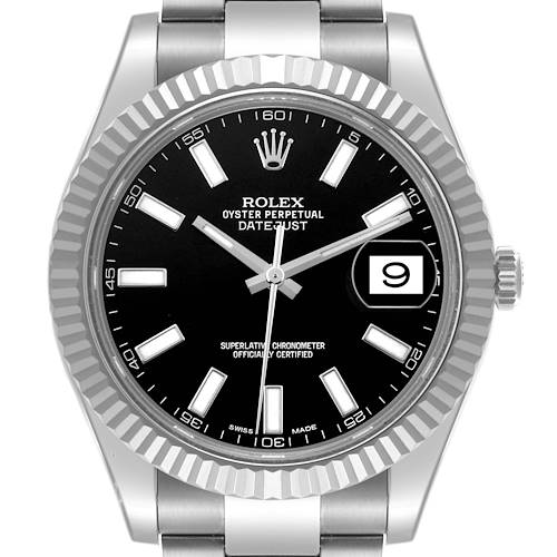 The Rolex Datejust 41 116334 Men's Stainless Steel Black Dial 116334 Men's Stainless Steel Black Dial is shown from the front, displaying the black dial, fluted bezel, and date window.