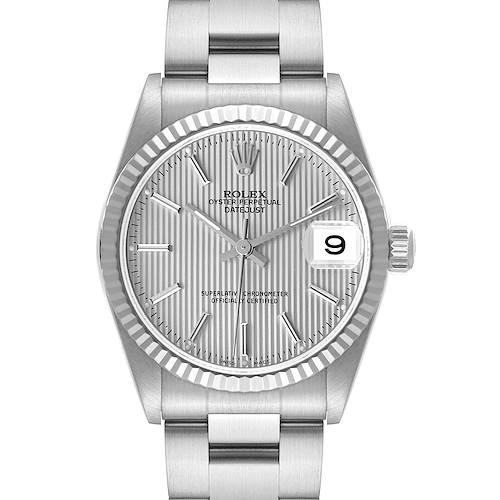 This image displays a frontal view of a Mid-Size Rolex Oyster Perpetual Datejust watch, showcasing the dial, bezel, and bracelet.