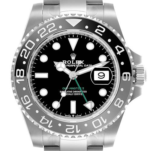 The Rolex GMT-Master 126710GRNR Men's Stainless Steel Black Dial 126710GRNR Men's Stainless Steel Black Dial watch is shown from the front, highlighting the dial, bezel, hands, and date window.