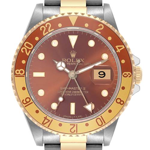 The image shows a frontal view of the Rolex GMT-Master 16713 Men's Steel and Gold (two tone) Brown Dial 16713 Men's Steel and Gold (two tone) Brown Dial II, featuring the dial, bezel, and part of the bracelet.