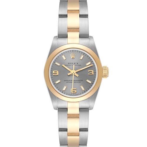 This image shows a front view of the Rolex Oyster Perpetual 67183 Women's Steel and Gold (two tone) Silver Dial 67183 Women's Steel and Gold (two tone) Silver Dial watch, highlighting its bracelet, dial, and bezel.