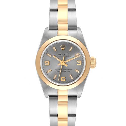 This image shows a front view of a Rolex Oyster Perpetual 67183 Women's Steel and Gold (two tone) Grey Dial 67183 Women's Steel and Gold (two tone) Grey Dial watch featuring a two-tone bracelet, gold bezel, and grey dial.