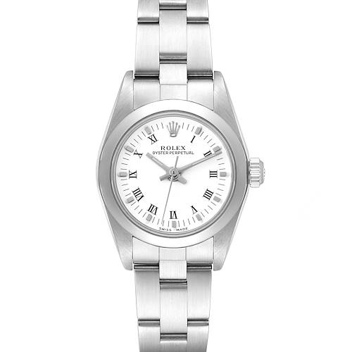 The image shows a Rolex Oyster Perpetual 76080 Women's Stainless Steel White Dial 76080 Women's Stainless Steel White Dial watch from a straight-on angle, displaying the face and bracelet.