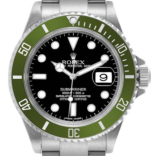 The image shows a front view of a Rolex Submariner 16610LV Men's Stainless Steel Black Dial 16610LV Men's Stainless Steel Black Dial watch, highlighting its dial, bezel, and crown.
