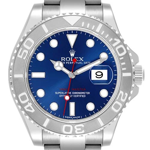 The image shows a front view of the Rolex Yacht-Master 116622 Men's Stainless Steel Blue Dial 116622 Men's Stainless Steel Blue Dial watch, highlighting its blue dial, date, and bezel.