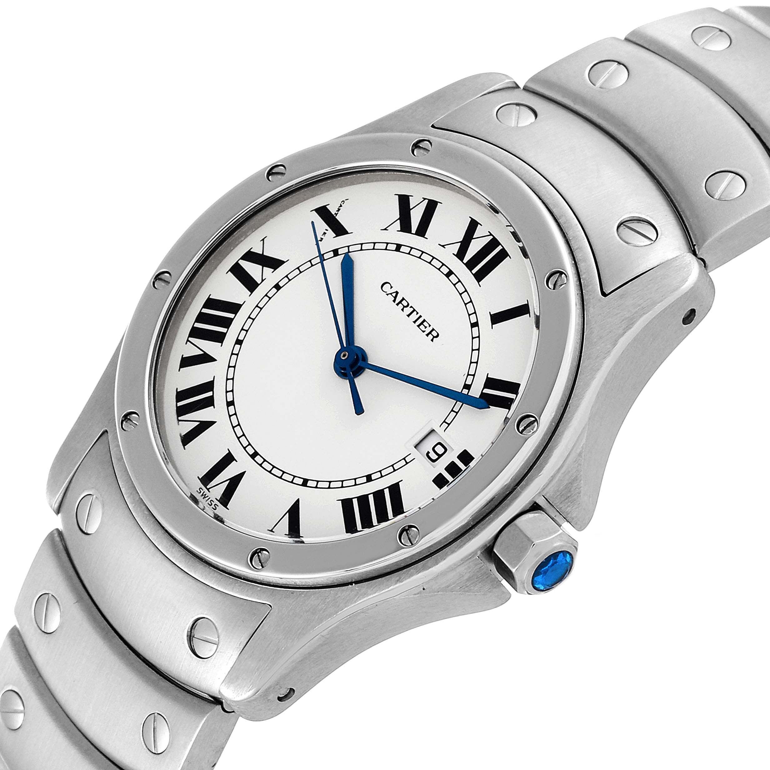 The image shows a close-up of a Cartier Santos W20027K1 Women's Stainless Steel Silver Dial W20027K1 Women's Stainless Steel Silver Dial watch, featuring the face, bezel, and part of the bracelet.