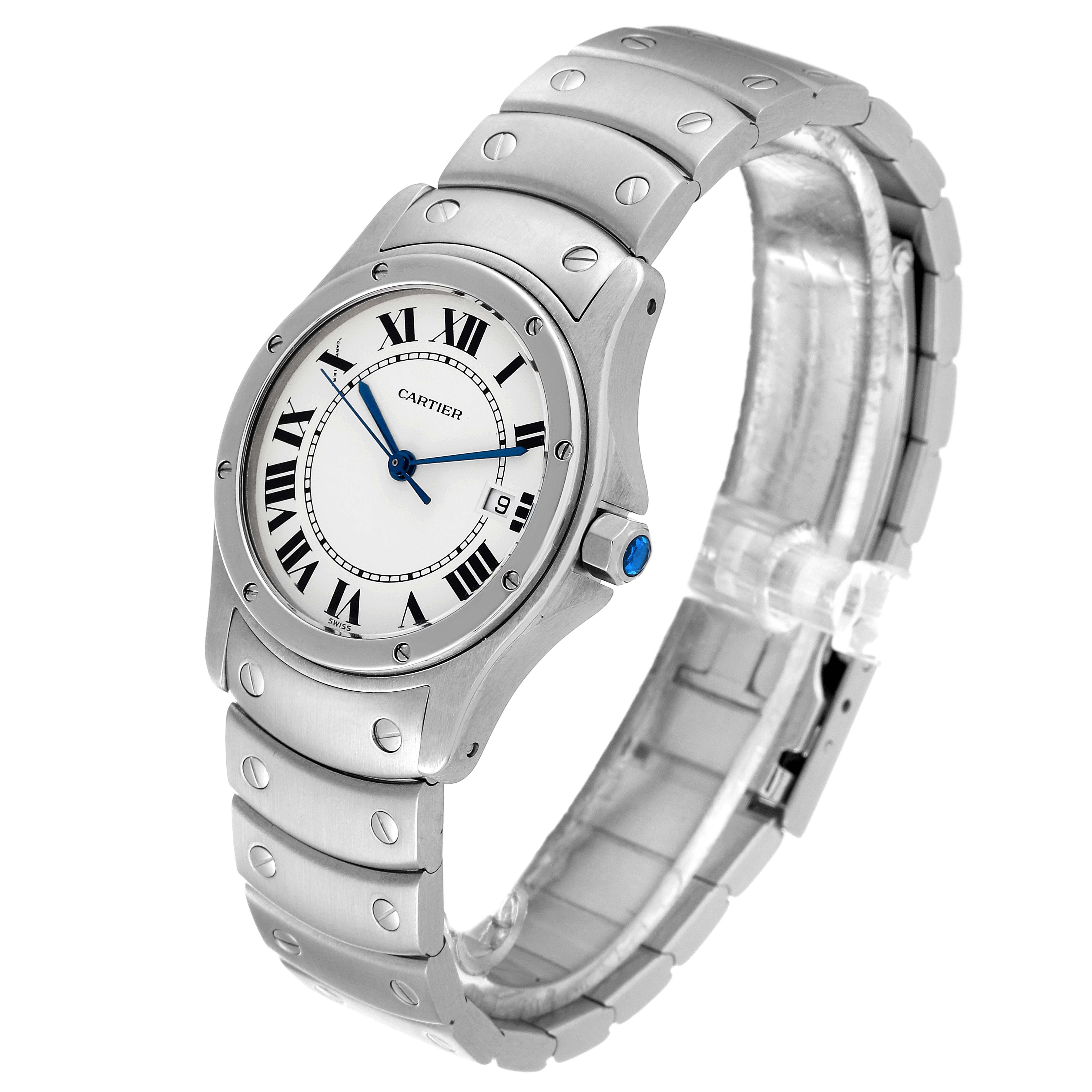 The image showcases the side view of a Cartier Santos W20027K1 Women's Stainless Steel Silver Dial W20027K1 Women's Stainless Steel Silver Dial model watch including its face, bezel, bracelet, and crown.