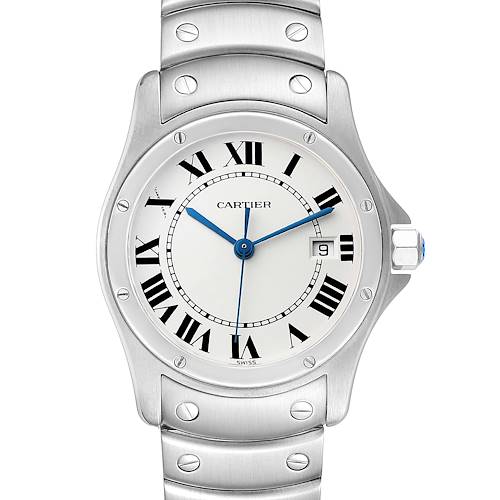 The image shows a head-on view of the Cartier Santos W20027K1 Women's Stainless Steel Silver Dial W20027K1 Women's Stainless Steel Silver Dial watch, featuring its dial, bezel, and part of the bracelet.
