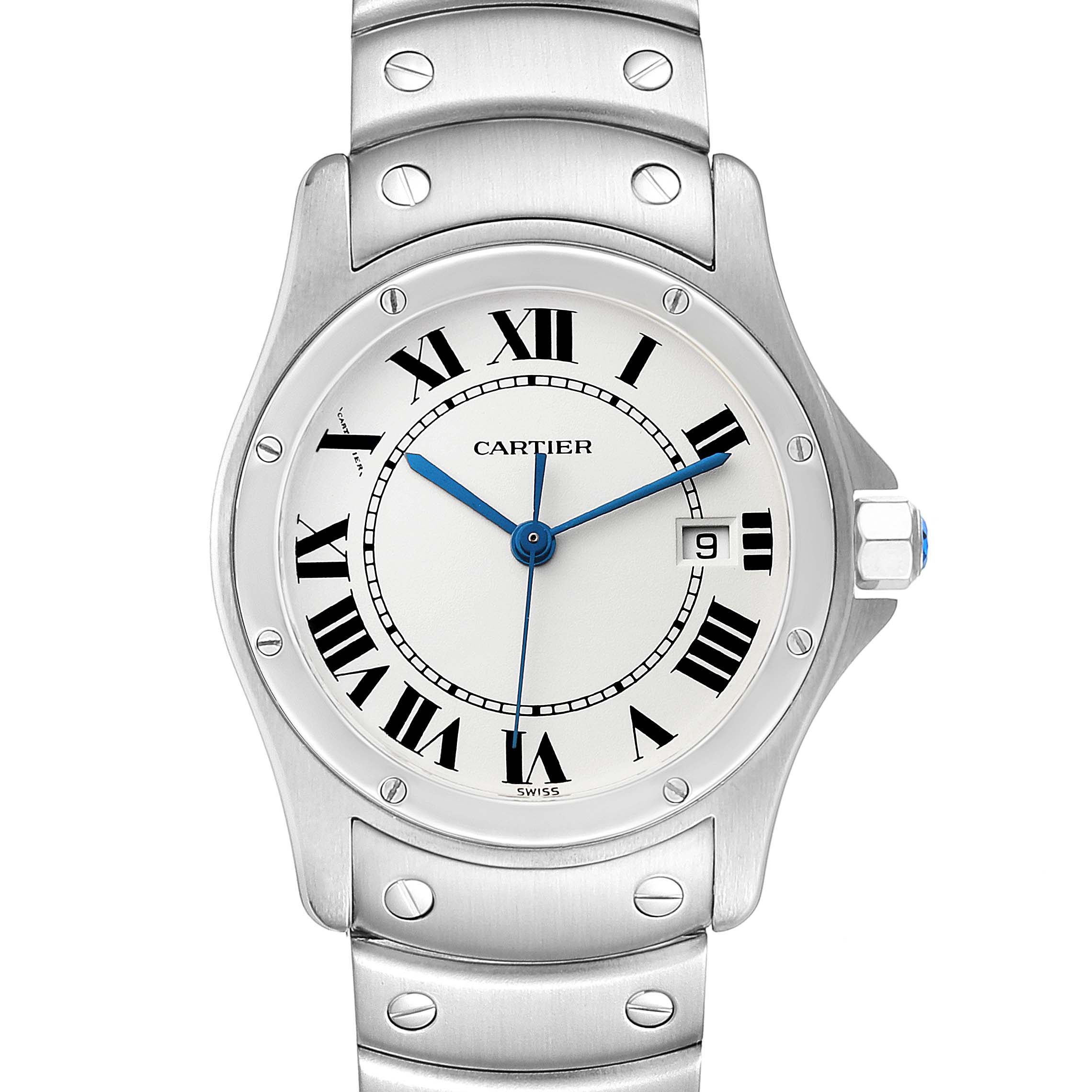 The image shows a front view of the Cartier Santos W20027K1 Women's Stainless Steel Silver Dial W20027K1 Women's Stainless Steel Silver Dial watch, highlighting its face, bezel, bracelet, and crown.