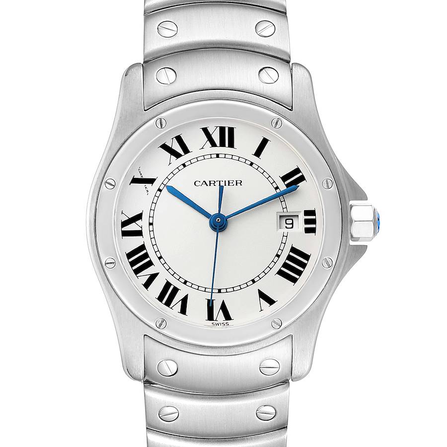 The image shows a front view of the Cartier Santos W20027K1 Women's Stainless Steel Silver Dial W20027K1 Women's Stainless Steel Silver Dial watch, highlighting its face, bezel, bracelet, and crown.
