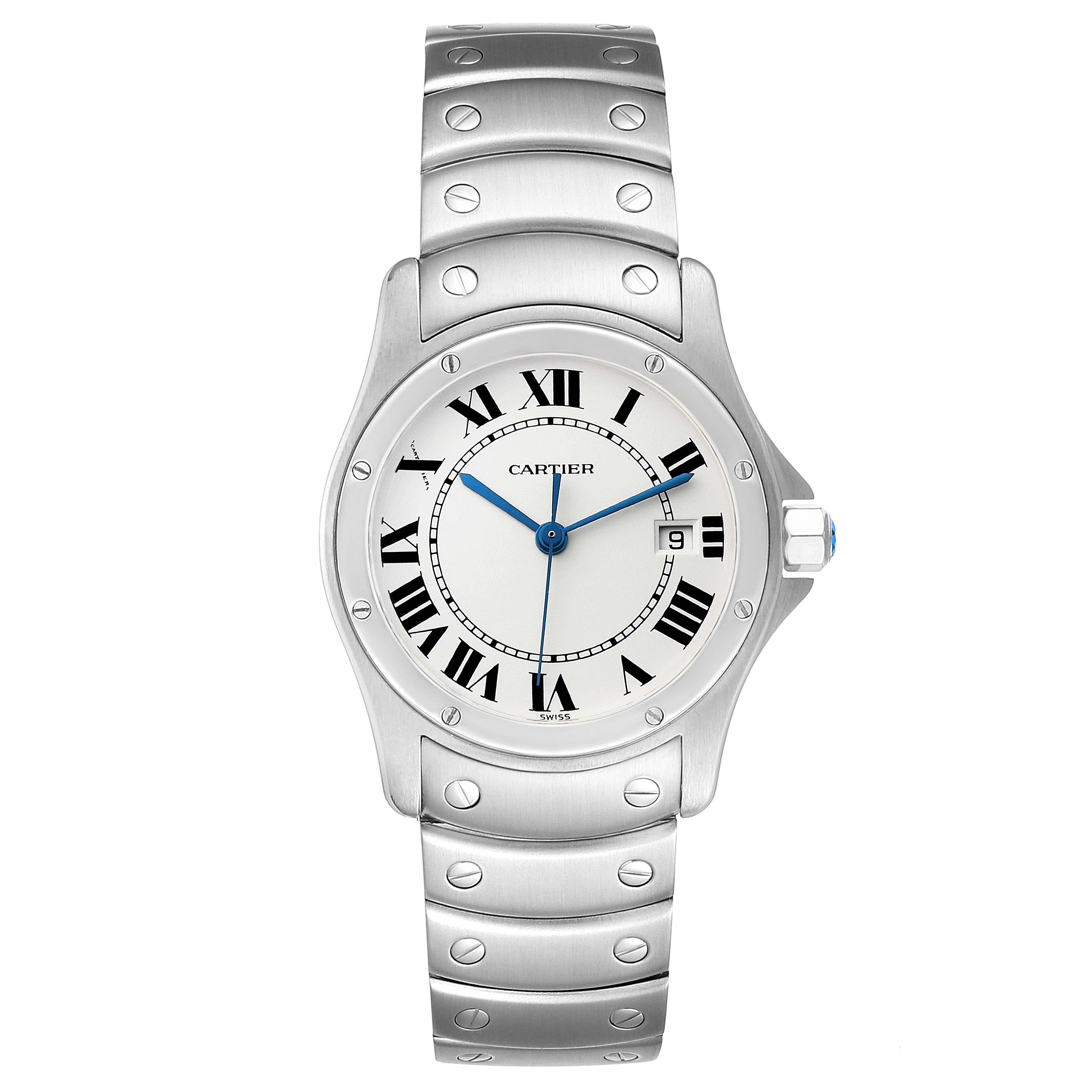 This image shows the front view of a Cartier Santos W20027K1 Women's Stainless Steel Silver Dial W20027K1 Women's Stainless Steel Silver Dial watch, highlighting the dial, bezel, and metal bracelet.