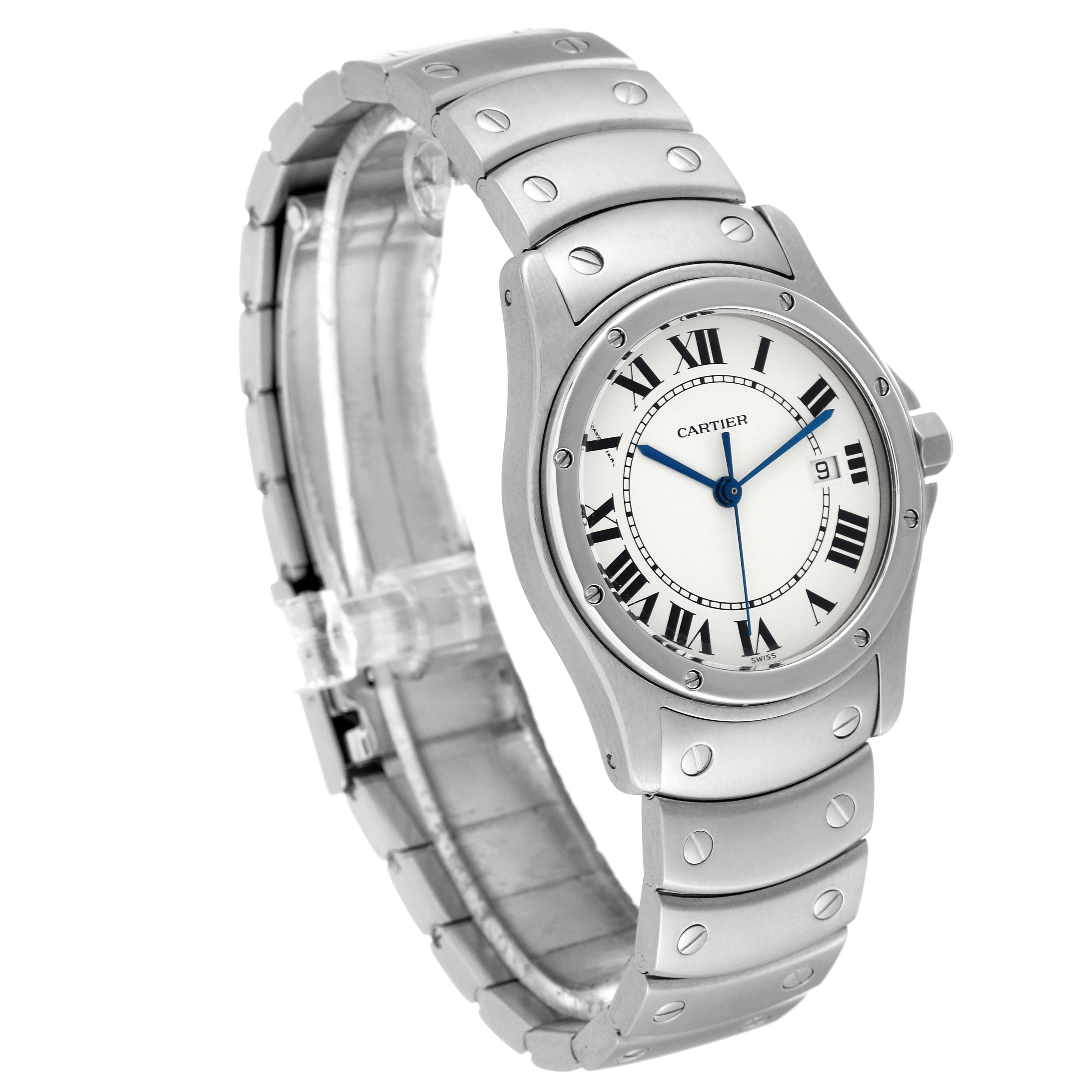 The Cartier Santos W20027K1 Women's Stainless Steel Silver Dial W20027K1 Women's Stainless Steel Silver Dial watch is shown from a three-quarter angle, displaying its face, bracelet, and clasp features.