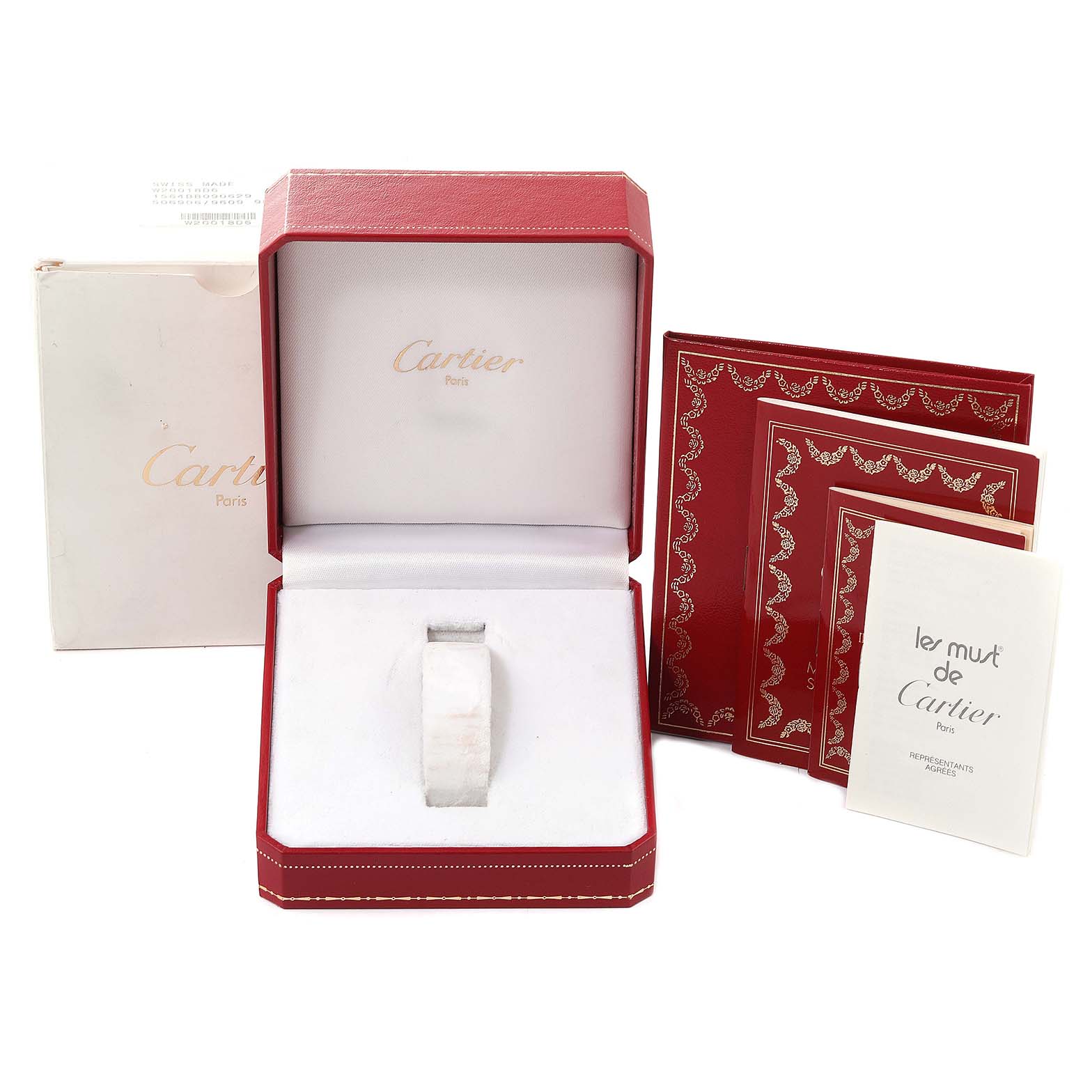 The image shows a Cartier Santos W20027K1 Women's Stainless Steel Silver Dial W20027K1 Women's Stainless Steel Silver Dial watch box and accompanying documentation from a front angle.