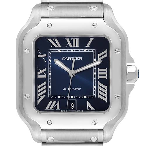 The image shows the front view of a Cartier Santos WSSA0030 Men's Stainless Steel Blue Dial WSSA0030 Men's Stainless Steel Blue Dial watch, highlighting its square face, blue dial, and metal bracelet.