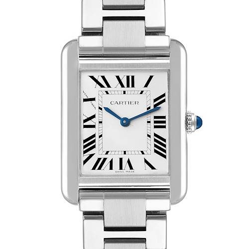 The image shows a front view of a Cartier Tank Solo W5200013 Women's Stainless Steel Silver Dial W5200013 Women's Stainless Steel Silver Dial watch displaying its face, Roman numerals, and part of its metal strap.