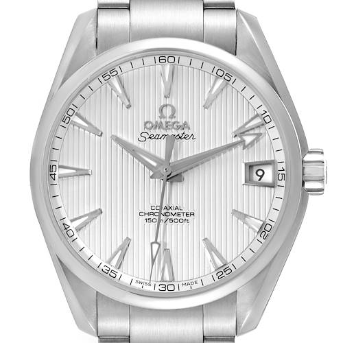 This image shows a front view of the Omega Aqua Terra 231.10.39.21.02.001 Men's Stainless Steel Silver Dial 231.10.39.21.02.001 Men's Stainless Steel Silver Dial watch, highlighting the dial, hands, crown, and part of the bracelet.