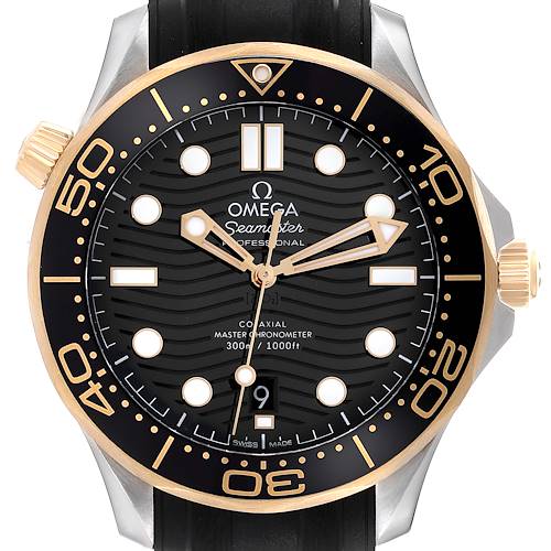 The image shows a frontal view of the Omega Seamaster 210.22.42.20.01.001 Men's Steel and Gold (two tone) Black Dial 210.22.42.20.01.001 Men's Steel and Gold (two tone) Black Dial Professional watch, displaying its black and gold bezel, dial, and hands.