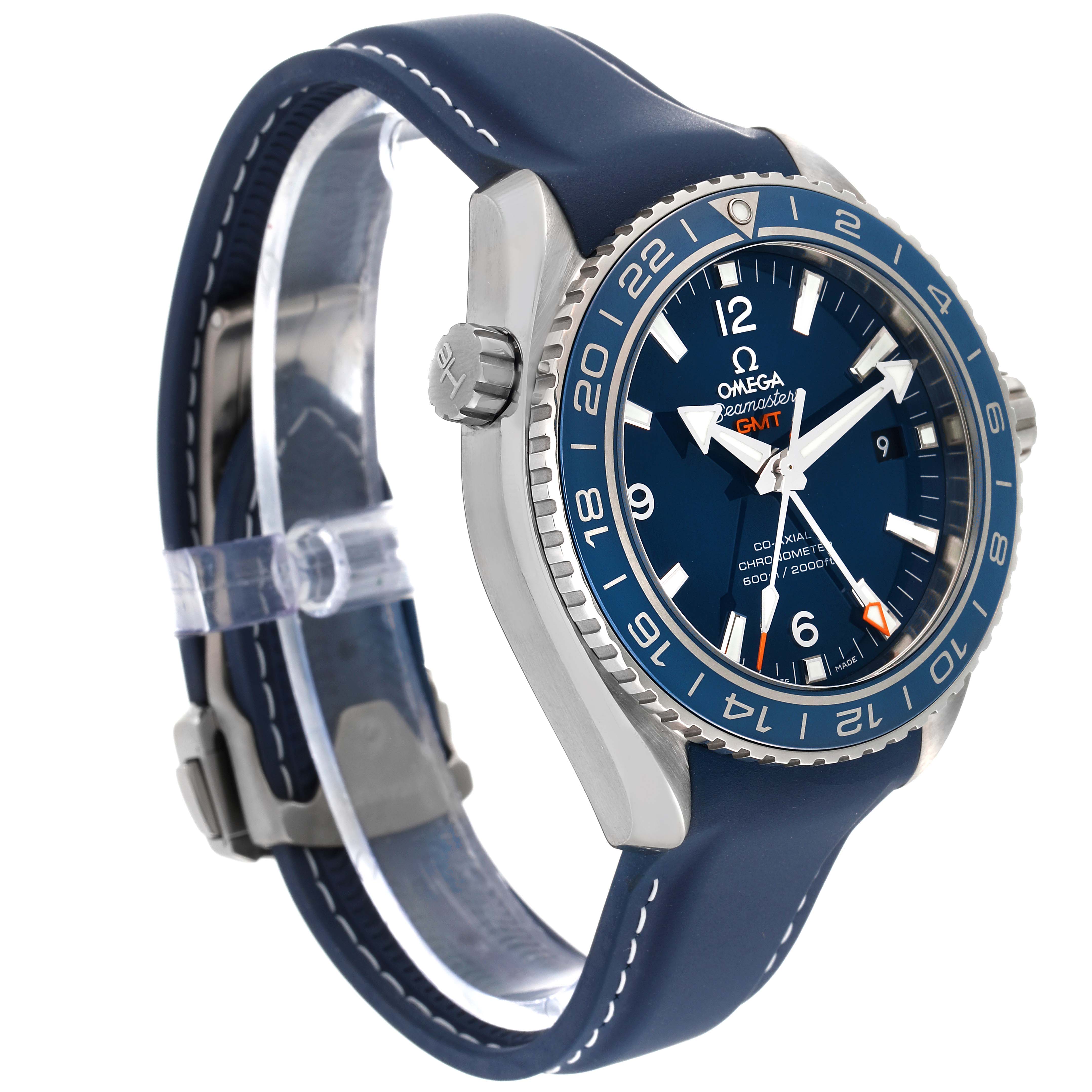 The image shows a side angle of the Omega Planet Ocean 232.92.44.22.03.001 Men's Titanium Blue Dial 232.92.44.22.03.001 Men's Titanium Blue Dial watch, highlighting the blue dial, bezel, and strap.