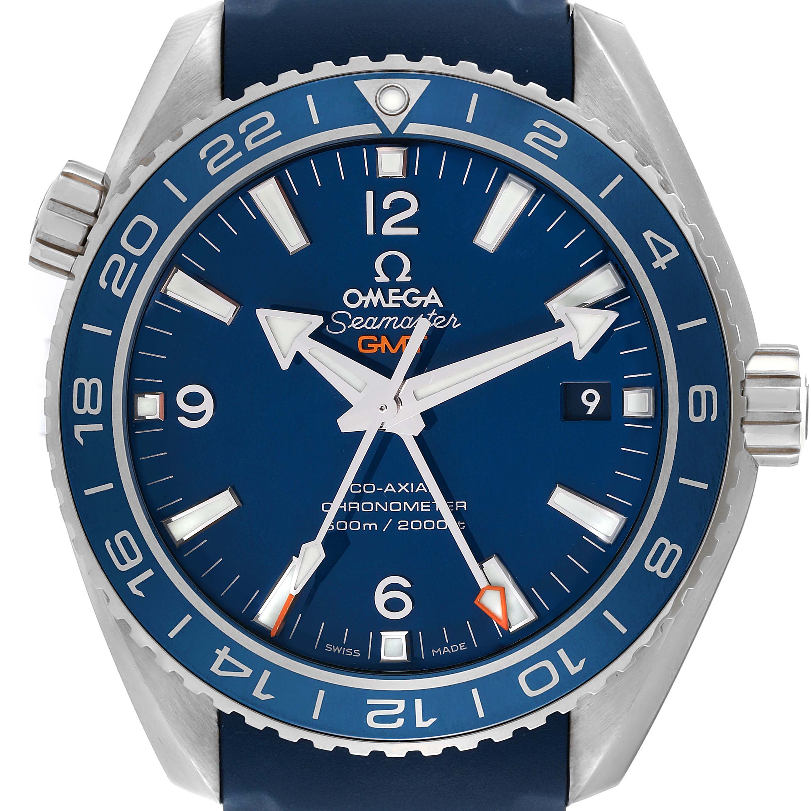 The image shows a front angle view of the Omega Planet Ocean 232.92.44.22.03.001 Men's Titanium Blue Dial 232.92.44.22.03.001 Men's Titanium Blue Dial watch, highlighting the dial, hands, bezel, and crown.