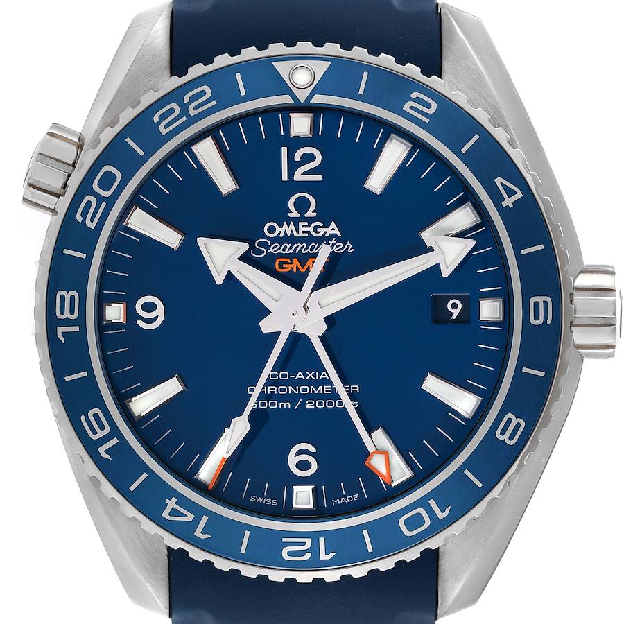 The image shows a front angle view of the Omega Planet Ocean 232.92.44.22.03.001 Men's Titanium Blue Dial 232.92.44.22.03.001 Men's Titanium Blue Dial watch, highlighting the dial, hands, bezel, and crown.