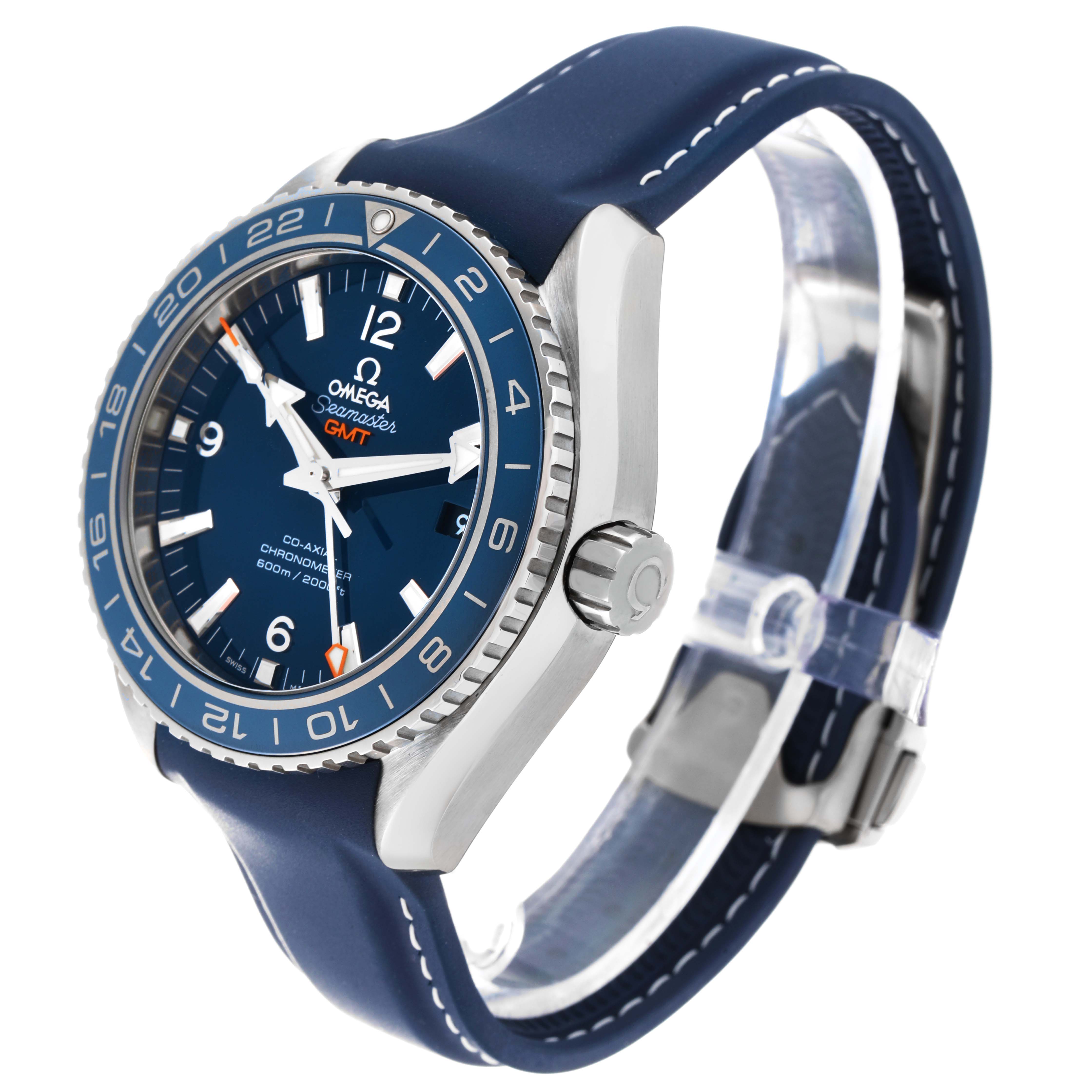 This image shows the Omega Planet Ocean 232.92.44.22.03.001 Men's Titanium Blue Dial 232.92.44.22.03.001 Men's Titanium Blue Dial watch at a slight angle, highlighting its face, bezel, crown, and blue strap.