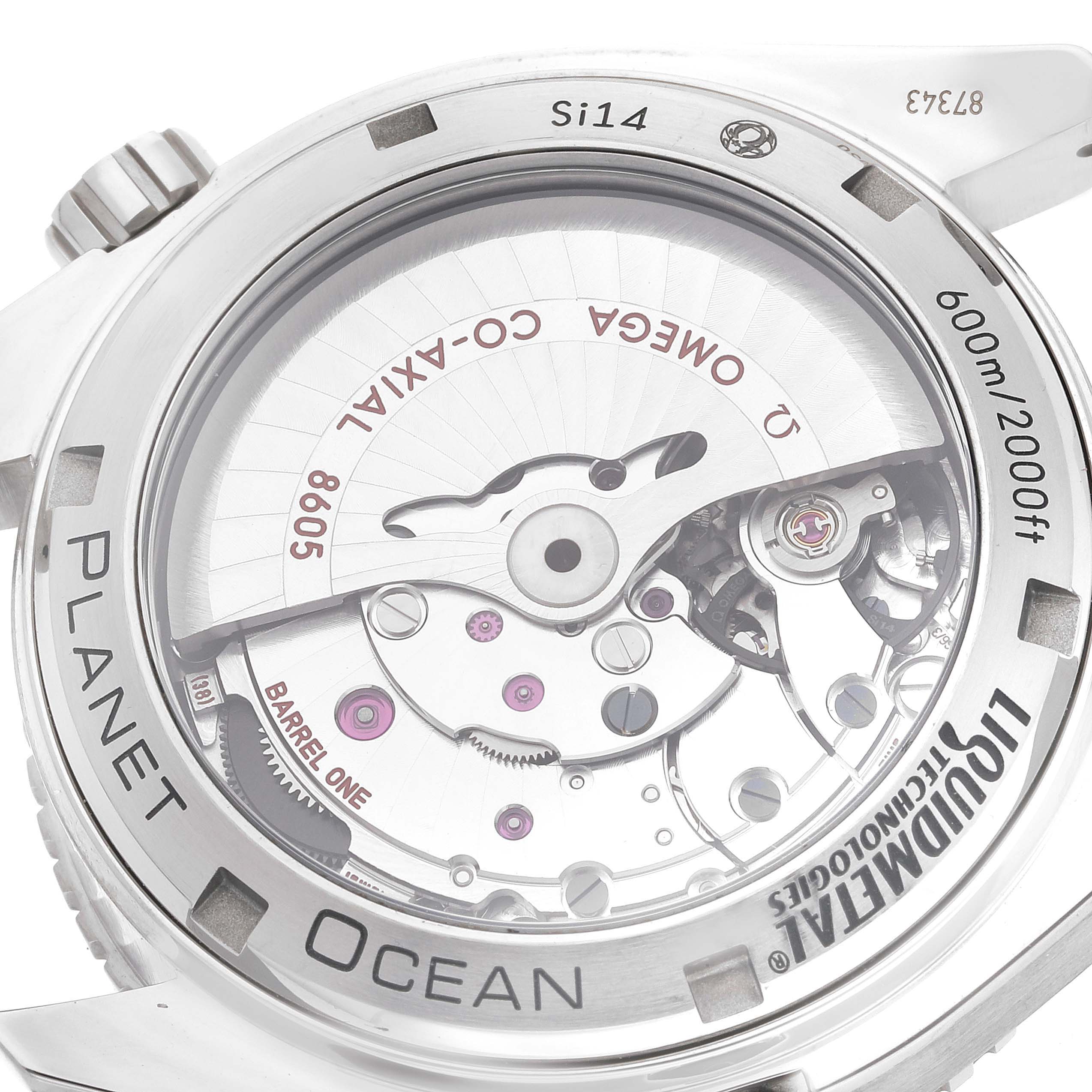 This image shows the transparent case back and intricate inner mechanism of the Omega Planet Ocean 232.92.44.22.03.001 Men's Titanium Blue Dial 232.92.44.22.03.001 Men's Titanium Blue Dial watch.