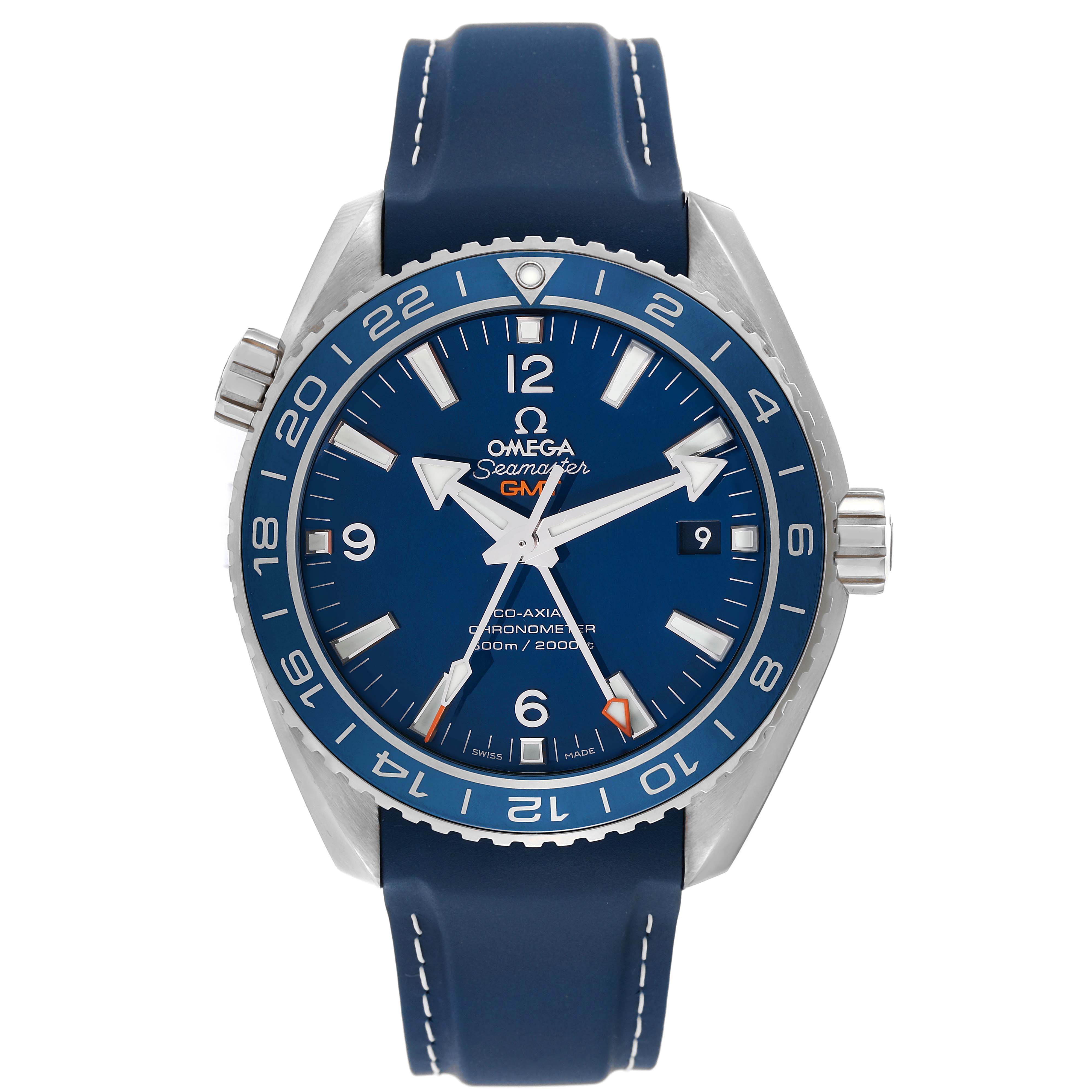 The image shows a front view of the Omega Planet Ocean 232.92.44.22.03.001 Men's Titanium Blue Dial 232.92.44.22.03.001 Men's Titanium Blue Dial watch, highlighting its blue dial, bezel, and strap.