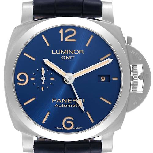 The image displays a front view of a Panerai Luminor PAM01033 Men's Stainless Steel Blue Dial PAM01033 Men's Stainless Steel Blue Dial GMT watch with a blue dial and black leather strap.